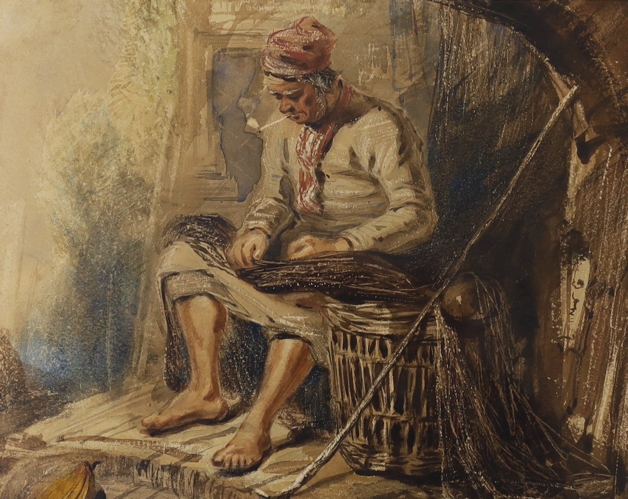 C. Mitchell (19th century), watercolour, 'Mending the nets', 19 x 24cm